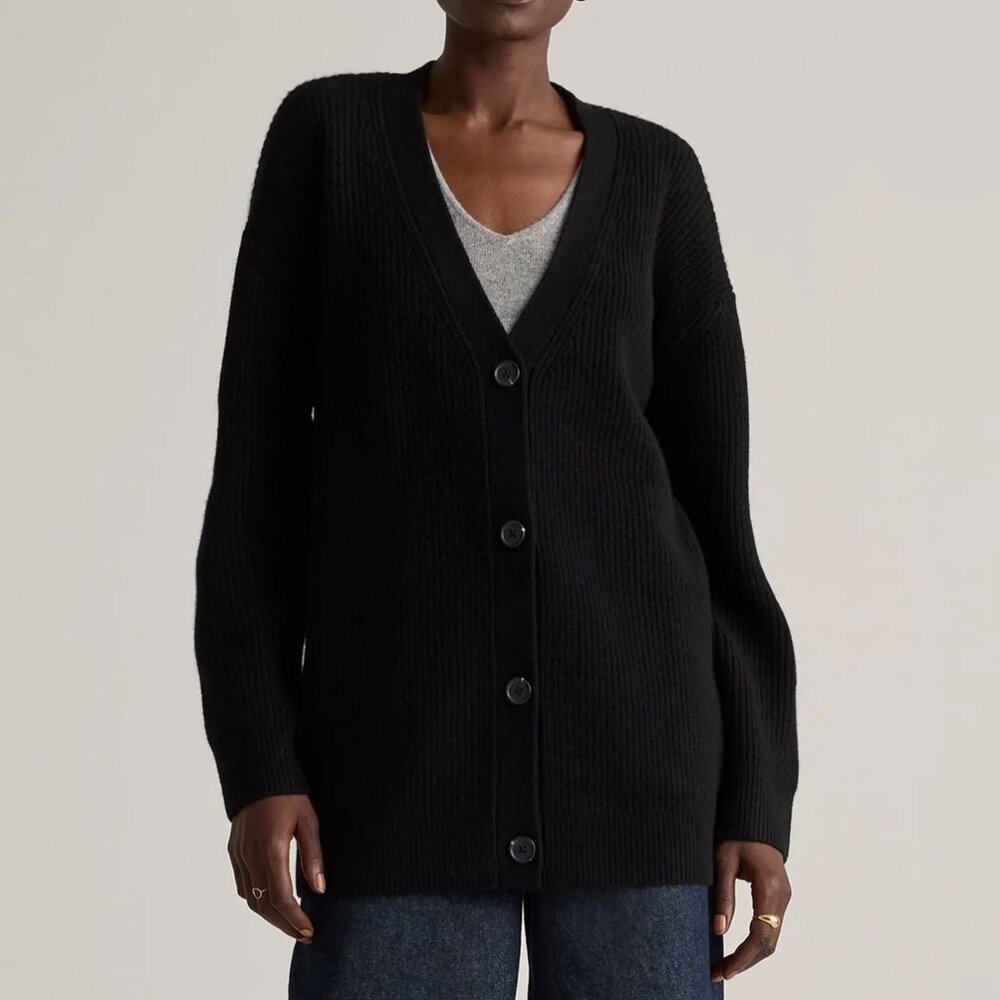 Quince Women's Mongolian Cashmere Oversized Boyfriend Cardigan Sweater Black L